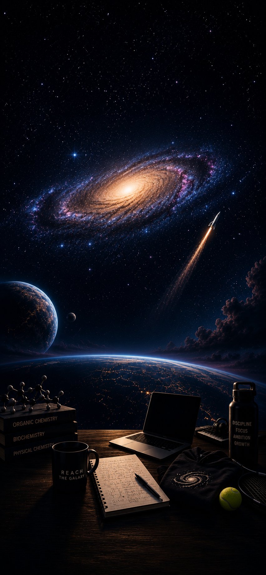 A desk under a starlit galaxy — chemistry books, a notebook, a laptop, a Reach the Galaxy mug, apparel, and a rocket launching toward the stars